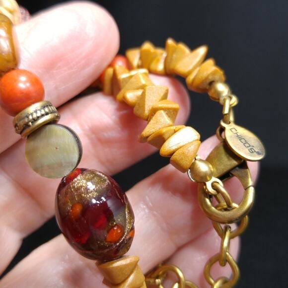 Chico's Mother of Pearl Pendant Necklace:  Art Beads & Glitter Glass Beads, 20" - Picture 5 of 8